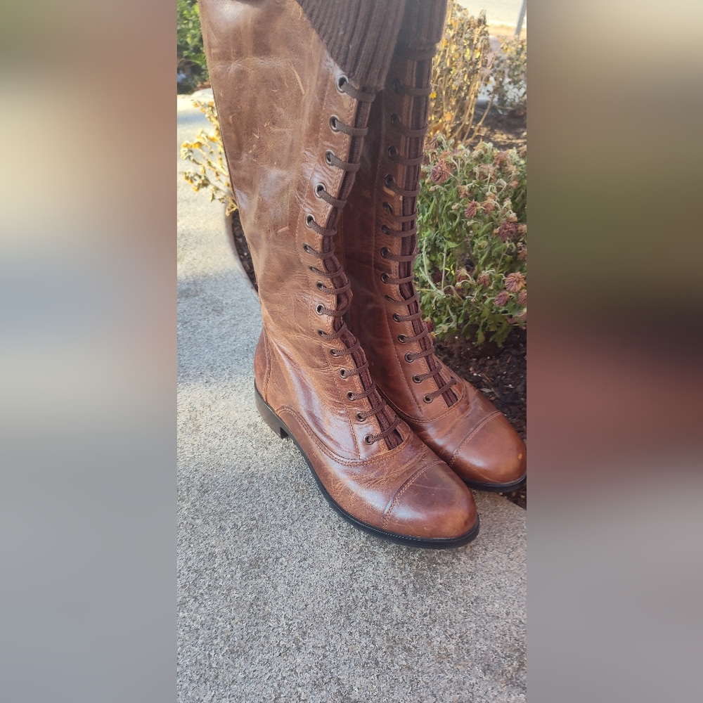 Cole Haan Air Whitley Dark Amber Chestnut Knit Distressed Leather Knee Boots 10B